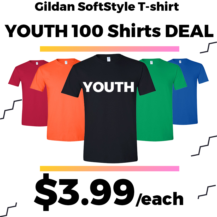 YOUTH - 100 Gildan SoftStyle® YOUTH Tees DEAL